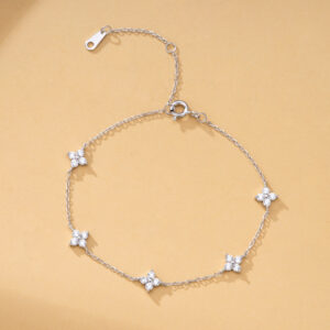 Delicate Floral Station Bracelet – Silver-Tone Chain with Crystal Accents