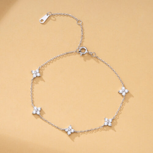 Delicate Floral Station Bracelet – Silver-Tone Chain with Crystal Accents